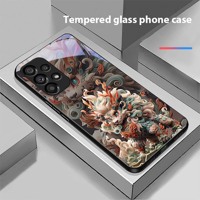 Chinese Style Lion For Samsung Galaxy S 8 9 10 20 Plus 21 FE 22 23 24 Ultra S7 Edge Black Tempered Glass Phone Case Hard Shell