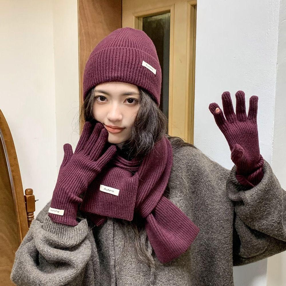 Solid Color Hat Scarf Gloves Set Warm Winter Beanie Hat Thermal Protection Thermal Knit Cap  Skiing