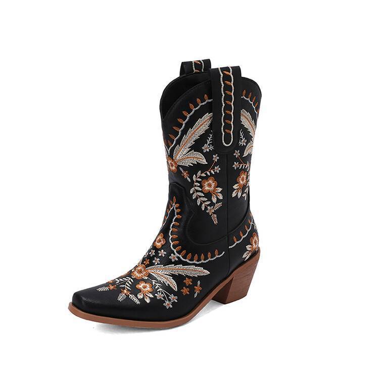 Women's Boots New Thick Heel Embroidery Embroidered Western Boots Cowboy Boots Autumn and Winter European and American Simple Retro Fashion Boots