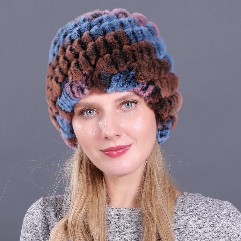 Damen Winter Pelzmütze Rex Kaninchenhaar gestrickte Spirale Ananas verdickte warme Mütze