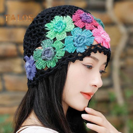 Women Hat Manual Colorful Hollow Out Knitted Flower Crochet Elastic Soft Breathable Lightweight Sunshade Soft Travel Outdoor Cap Brimless Beanie
