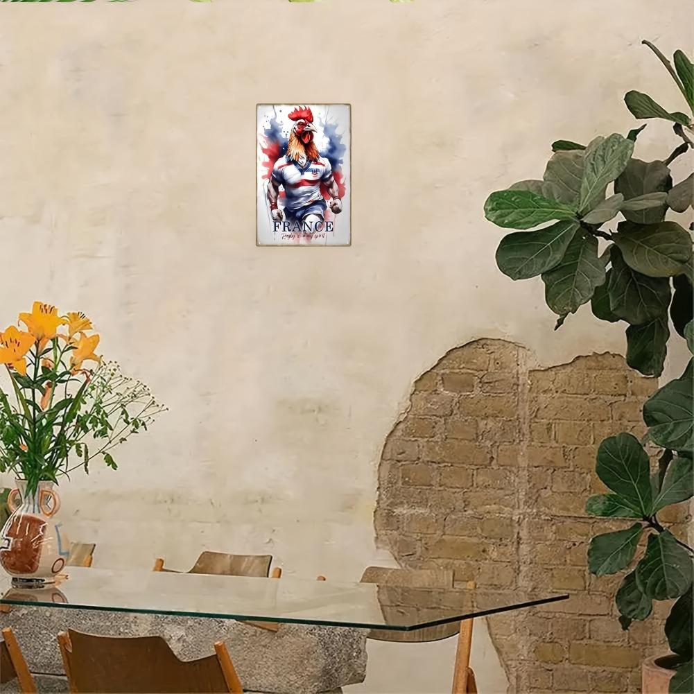 2D Flat, 1pc Vintage French Rugby Metal Wall Art Sign - 8x12 Inch Iron Rooster In France Jersey with Graffiti Background