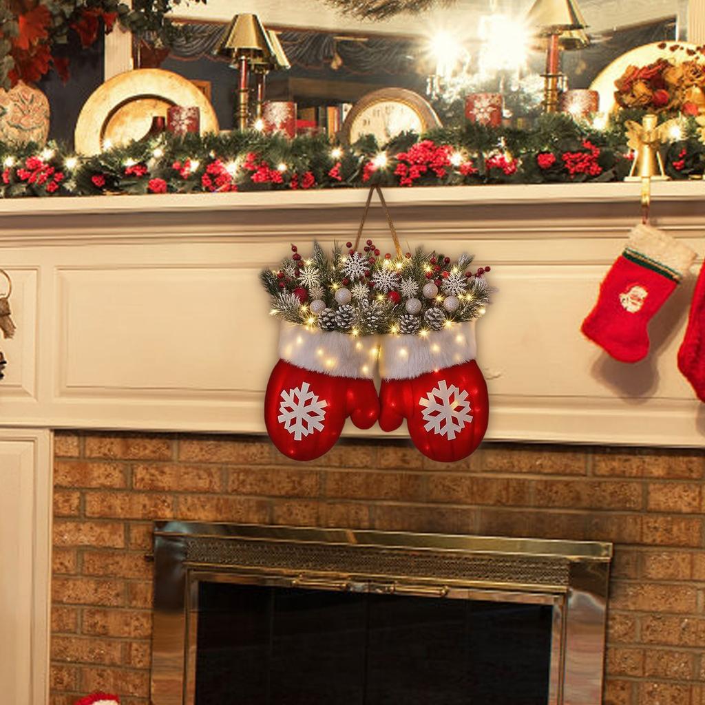 Twinkling Christmas Mitten Wreath, Christmas Lighted Werath Front Door Artificial Garland, Christmass Balls Hanging For Par