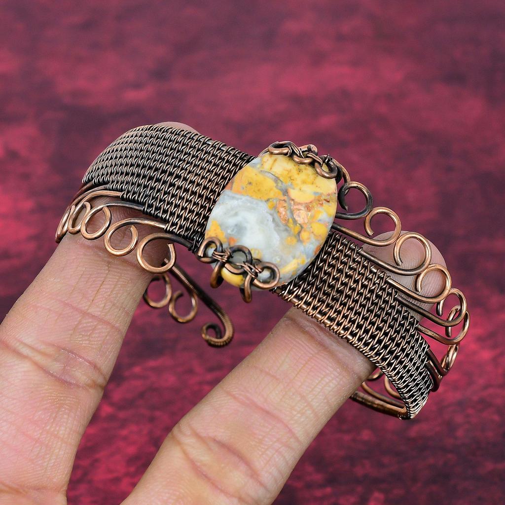Maligano Jasper Gemstone Bangle Copper Wire Wrapped Adjustable Cuff Bracelet