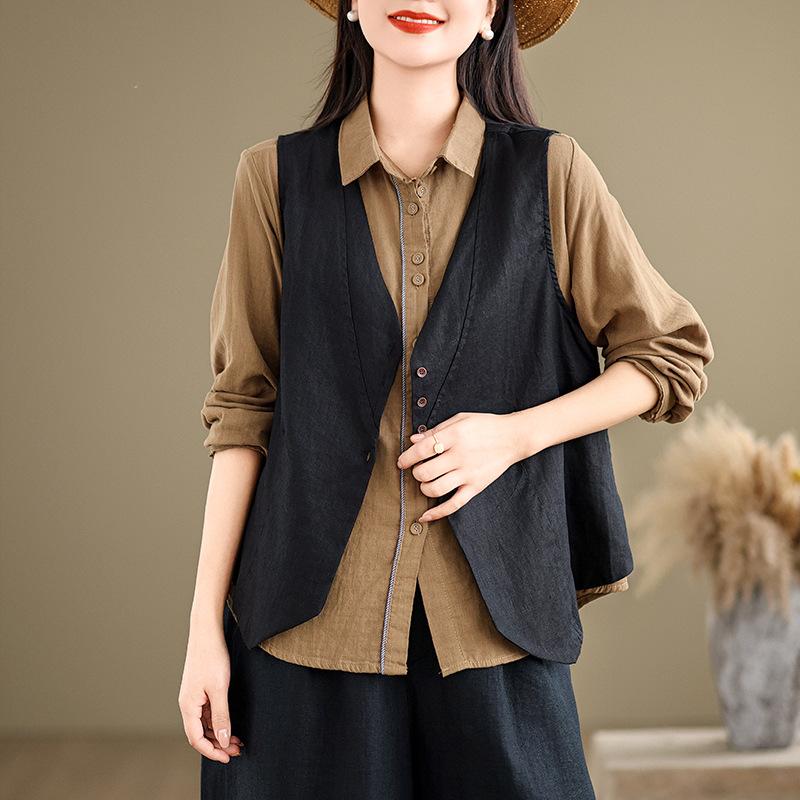 Summer Cotton and Linen Literary Retro Loose Sleeveless Blouse Vest Waistcoat Cardigan Vest Women
