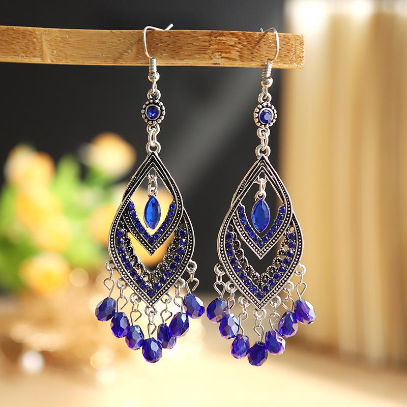 Red Retro Tassel Water Drop Earrings with Diamonds – Chinese Style for Women