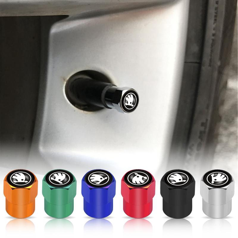 4pcs Car Wheel Tire Valve Caps Stem Case For Skoda Octavia Fabia Rapid Yeti Superb Kamiq S Kodiaq Roomster Scala Auto Accessorie