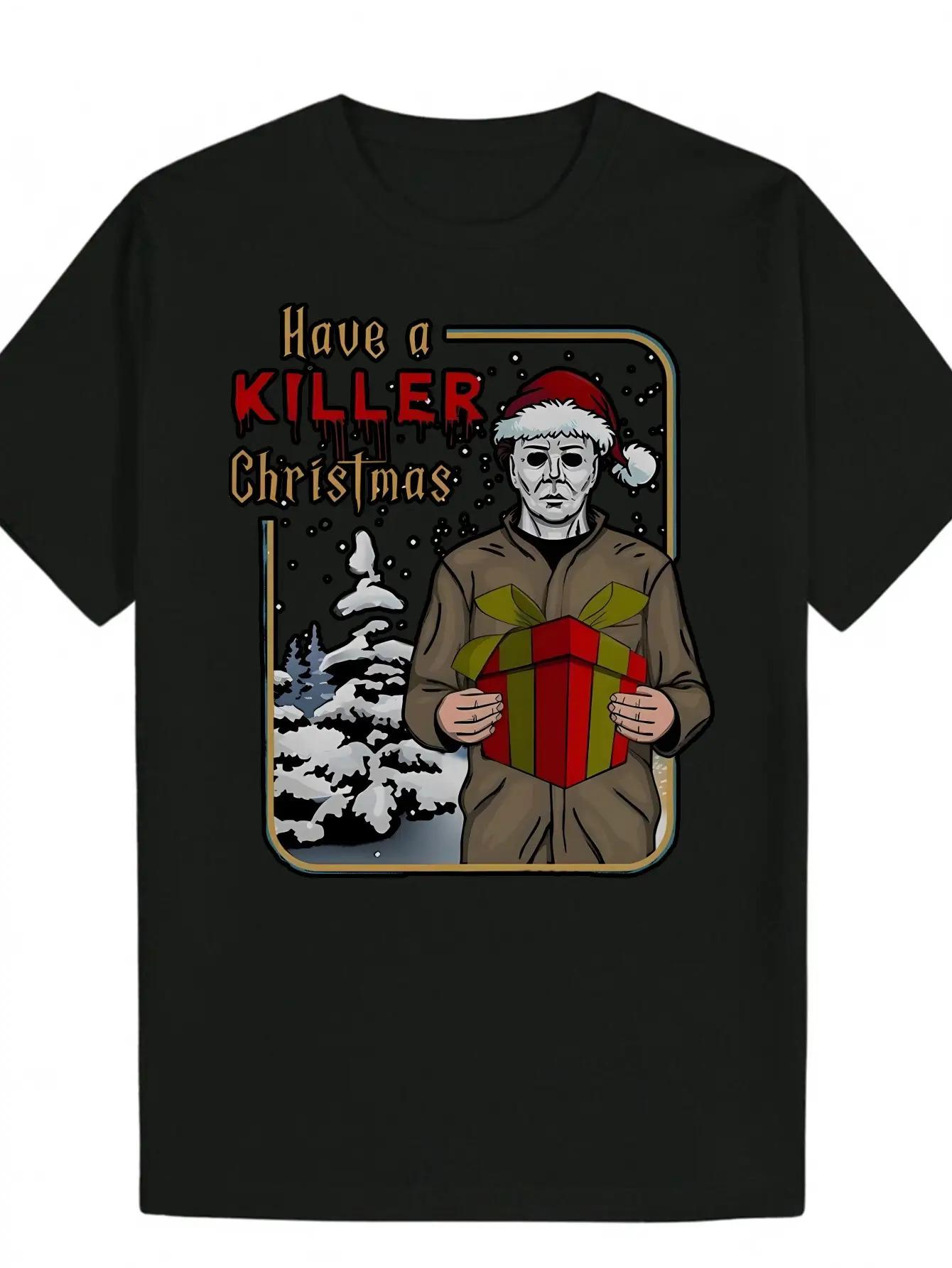 Mens Michael Myers Have a Killer Christmas Horror Movie TShirt Iconic Friday the 13th Mask Print Casual Short Sleeve S