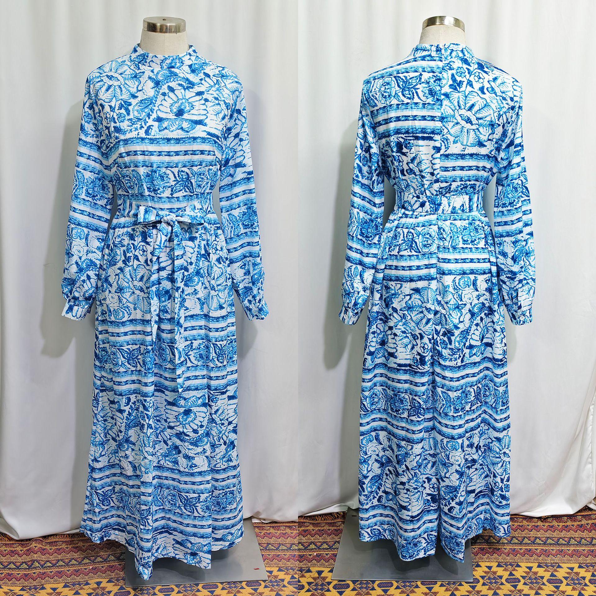 new women s dress, stand-up collar waist pendulum printed dress S синий