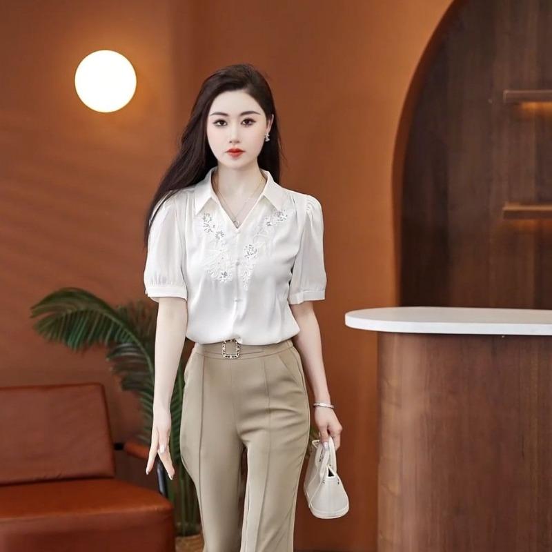 Women's Embroidered Blouse Puff Sleeve Pearl Detail Button-Down Top