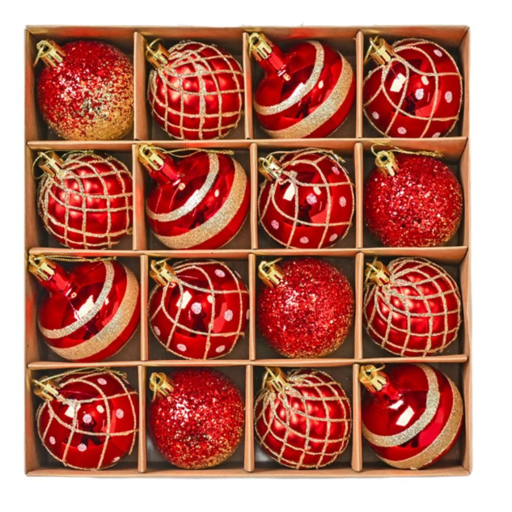 16PCS Hand Painted Christmas Ornaments with Glitter Plastic Balls for Holiday Display Material and Shiny Finish