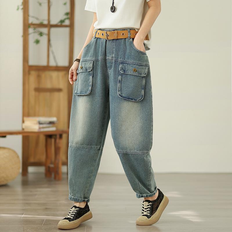 

DIMANAF Большой размер 2025 Женские джинсы Летние брюки Высокая талия Свободные Карманы Эластичные Базовые Брюки-шаровары Макси 2XL синий