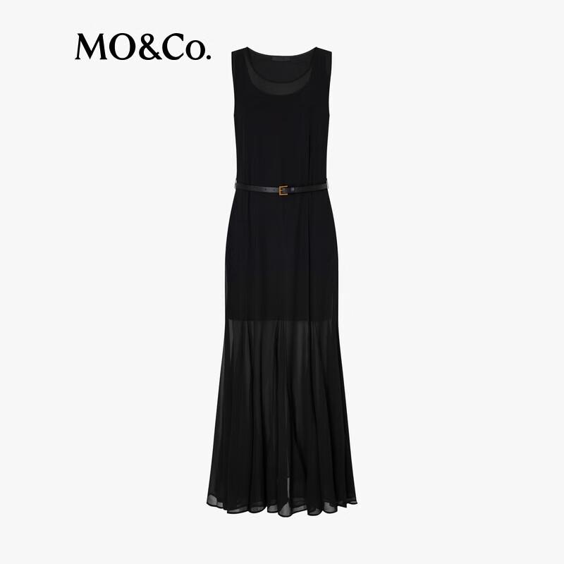 MO&Co. New Summer Black Sleeveless Mesh Tank Dress with Belt