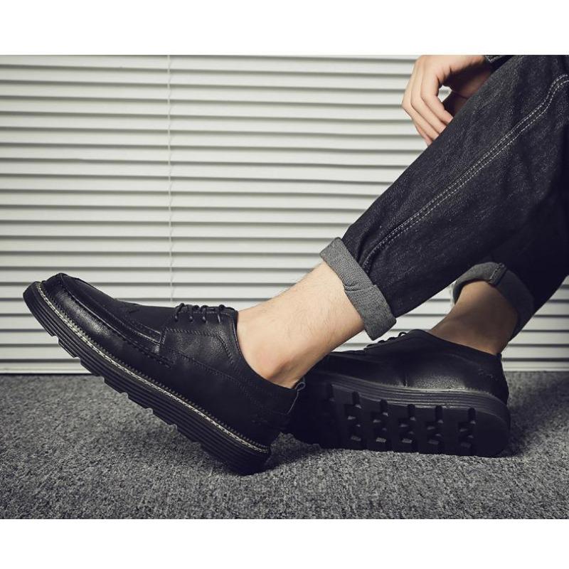100% Genuine Leather Shoes Fashion Brogues Flat Thick Sole Male Footwear Pure Black Casual Mens Shoes