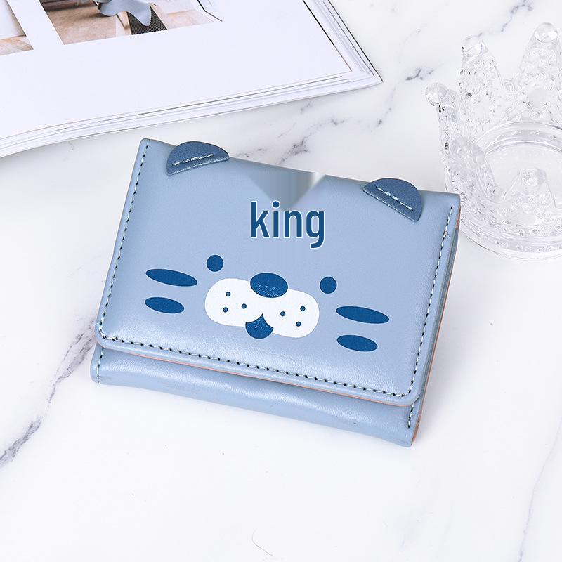 

Милый женский кошелек-трифолд в корейском стиле с мультяшным принтом, множеством отделений для карт и монетницей синий