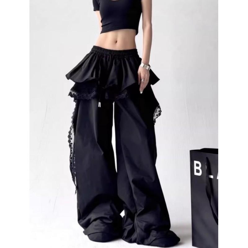 

Женские летние карго брюки Streetwear Кружевная пэчворк Широкие брюки Gyaru Harajuku Корейские мешковатые брюки M чёрный