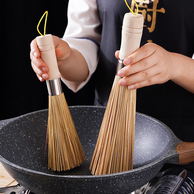 Kitchen Natural Bamboo Pot Washing Brush Bamboo Wok Cleaning Whisk Brush with Comfortable Handle Household Kitchen Clean Tools