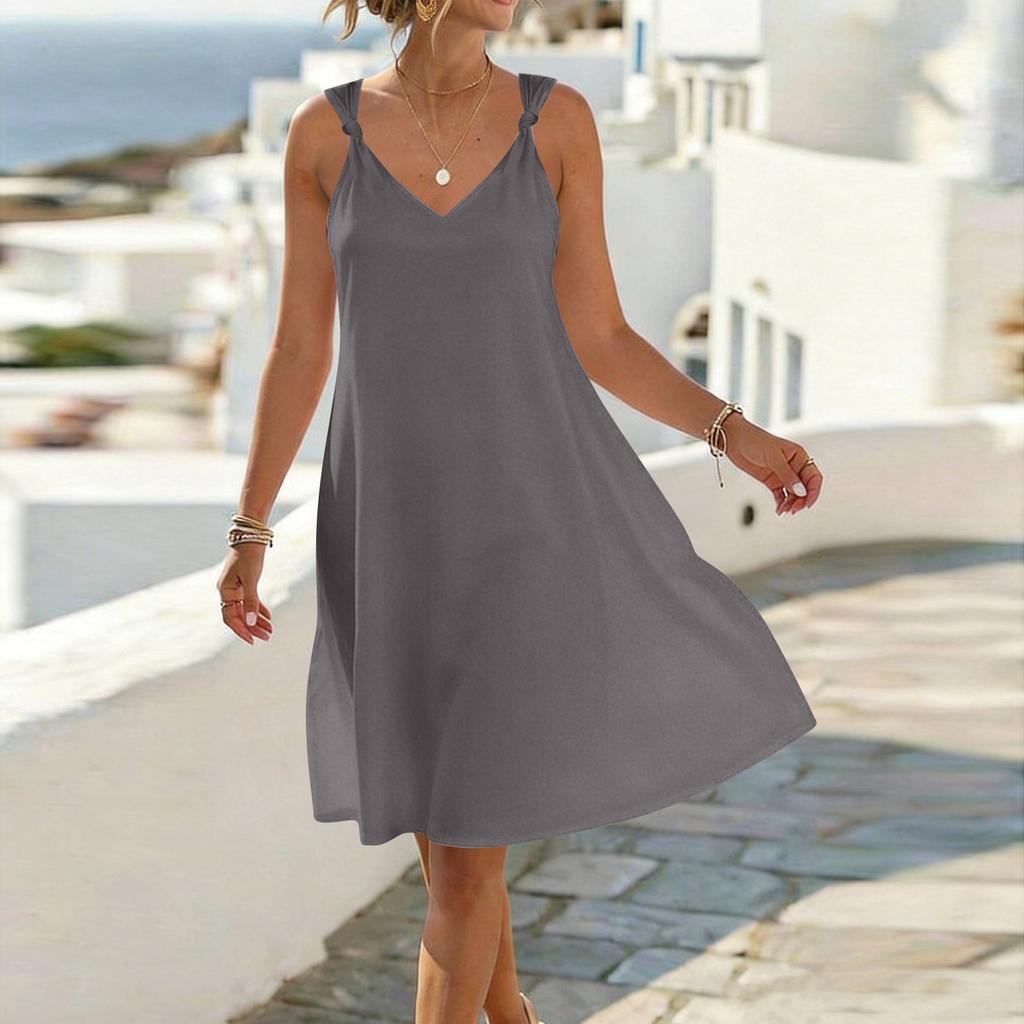 Vestido Casual de Verano para Mujer sin Mangas, Cuello en V, Tirantes de Corbata, Corte Holgado, Línea A, Diseño Sencillo de Color Sólido, Tejido Ligero