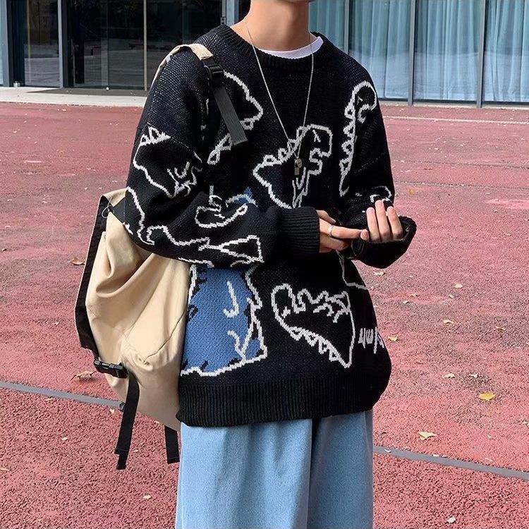 O-Neck Long Sleeve Women's Oversize Sweater Solid Dinosaur Printed Y2k Knitted Sweater Loose Casual Oversized Knitted Pullover