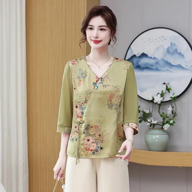 Women's Chinese Style Floral Print Blouse V-Neck 3/4 Sleeve Loose Casual Top