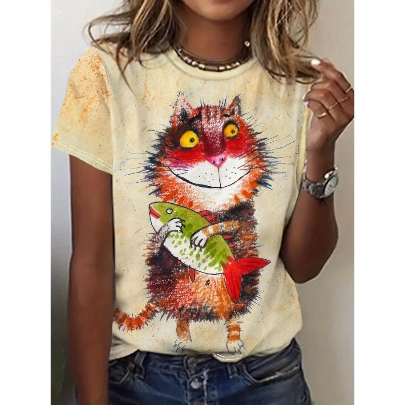 Summer Round Neck 3D Funny Cartoon Animal Print Top Fashionable Casual Short Sleeved Women's T-shirts