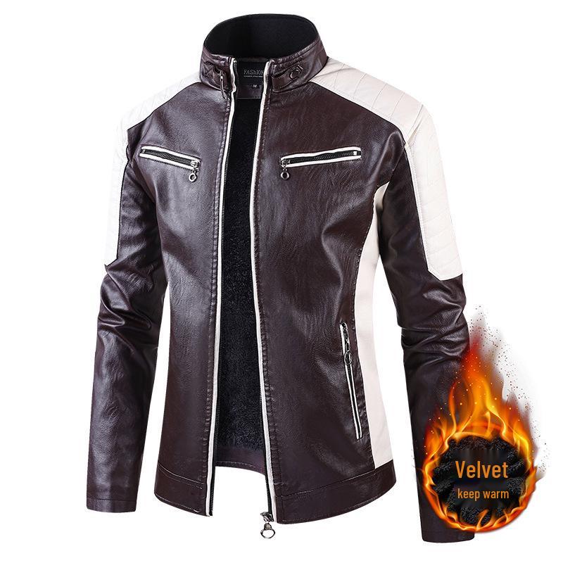 2025 Men's Color Block PU Leather Motorcycle Jacket - British Casual Style