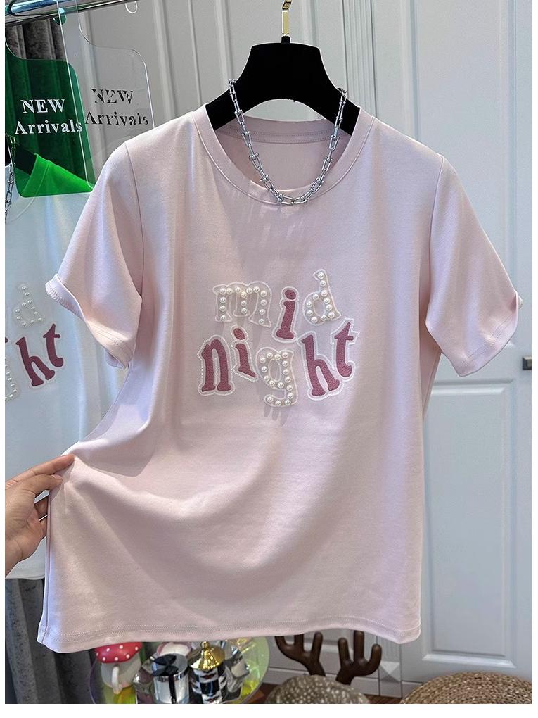 220g Trendy Brand Cotton Extra Large Beaded Embroidered Round Neck Loose Short Sleeve T-Shirt