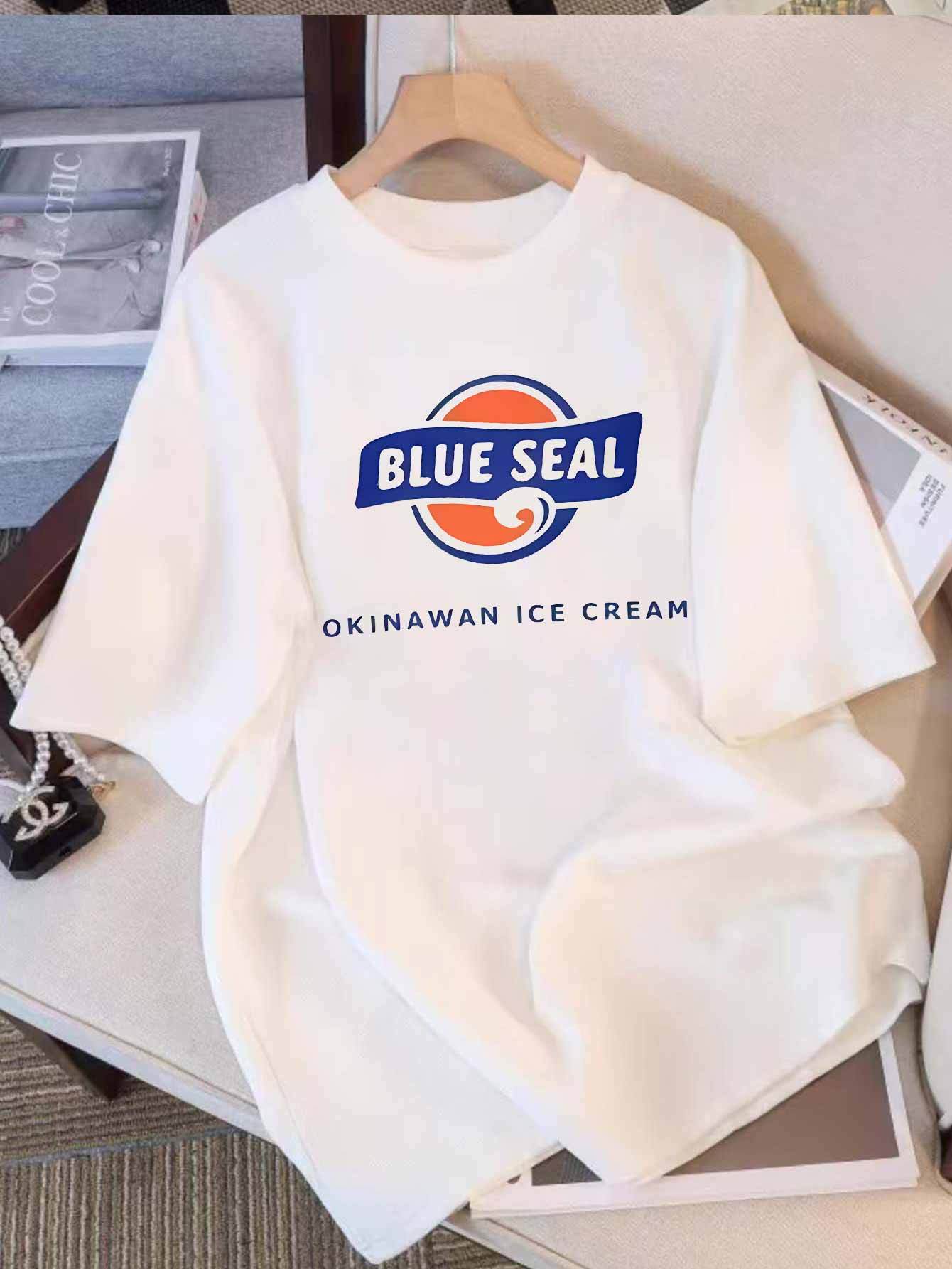 

Мода 2025 Лето Хлопок Синий Тюлень Мультяшный Принт Женские Футболки Круглый Вырез Милые Y2K стили Оверсайз Повседневный Свободный Топ L