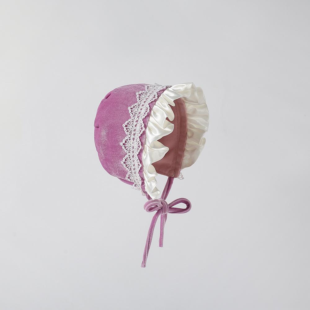 Elegant Purple Velvet Hat with Lace for Baby Girls - Autumn/Winter Infant Lolita Court Style