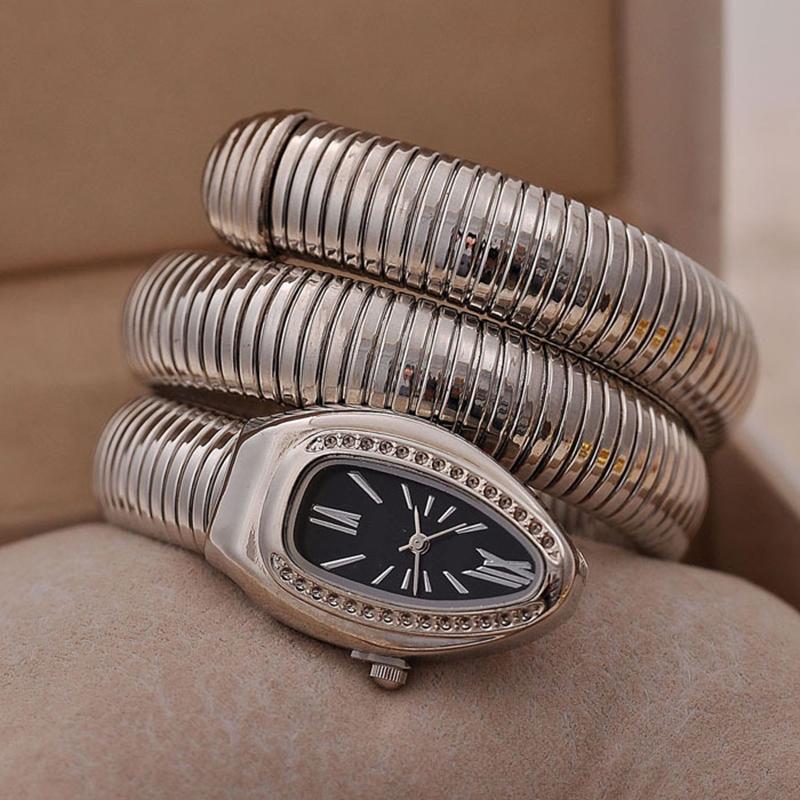 Women Watch Silver Black Watch Dial Exquisite Fashionable Snake Shape Bangle Watch for Casual Work Office