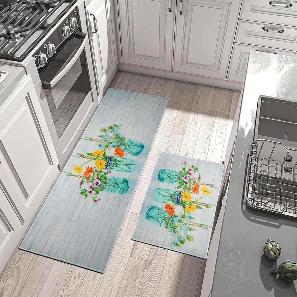 Sunflower Farmhouse Kitchen Rugs Colorful Summer Flowers Decorative Rug for Kitchen Low-Profile Floor Mats for Home Kitchen
