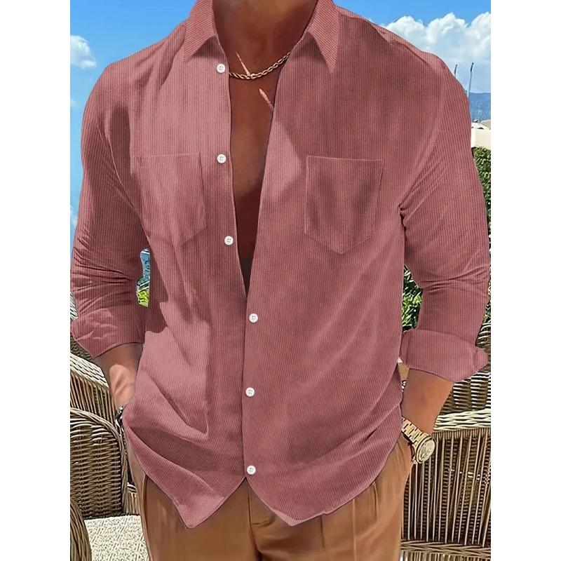 Spring Autumn Men's Long Sleeved Shirt Fashionable Solid Color Lapel Pocket Button Down Tops