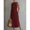 Women's Summer Dress Halter Sleeveless Vacation Loose Fit Casual Women's White Midi Dress With Lace Stitching Slit Pockets Simple Beach Dresses