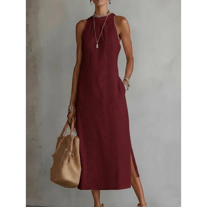 Women's Summer Dress Halter Sleeveless Vacation Loose Fit Casual Women's White Midi Dress With Lace Stitching Slit Pockets Simple Beach Dresses