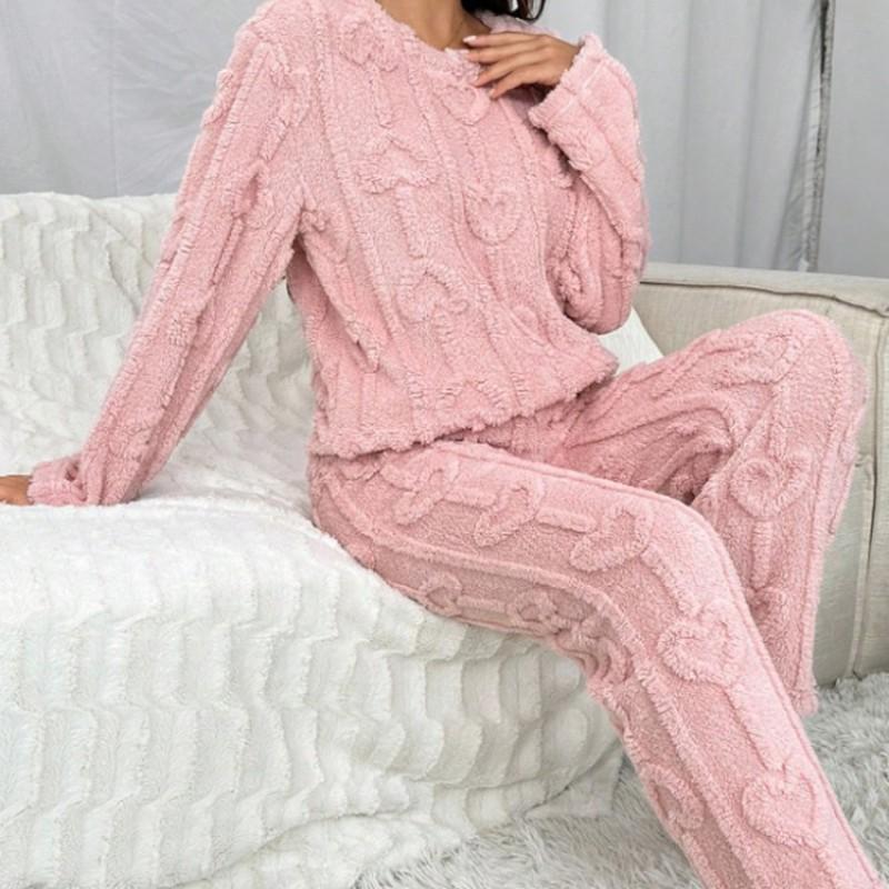 Womens Winter Coral Fleece Pajama Set With Heart Jacquard Warm Thick Lounge Wear