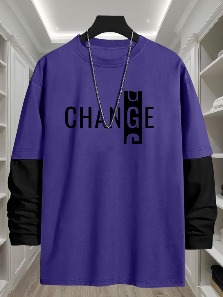 Men's Stylish Spliced‑Sleeve Long Sleeve Tee, Quick Dry Breathable Tops, Regular Fit for Urban Walk Outdoor Errands Daily Commute Wear