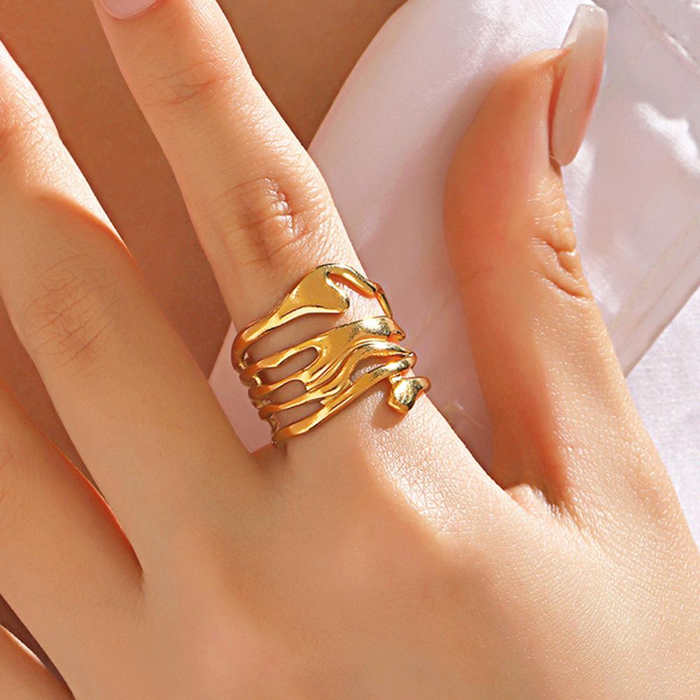 LATS Stainless Steel Lava Irregular Hollow Ring for Women Metal Texture Waterproof Daily Simple Stylish Golden Rings Jewelry