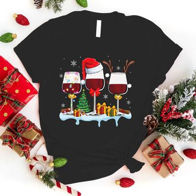 Christmas Red Wine Glass Letter Print Short Sleeve T Shirts Women'S Crew Neck T-Shirts Summer Comfy Soft Tees Tops