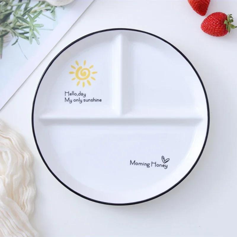 Ceramic 8 Inch One-person Food Household Breakfast Tableware Children Weight Loss Quantitative Three-divided Dinner Plate