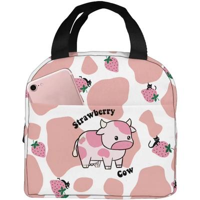 Pink Cartoon Cow Print Women Insulated Lunch Bag Milk Reusable Water-Resistant Cooler Lunch Tote Box Portable Bag