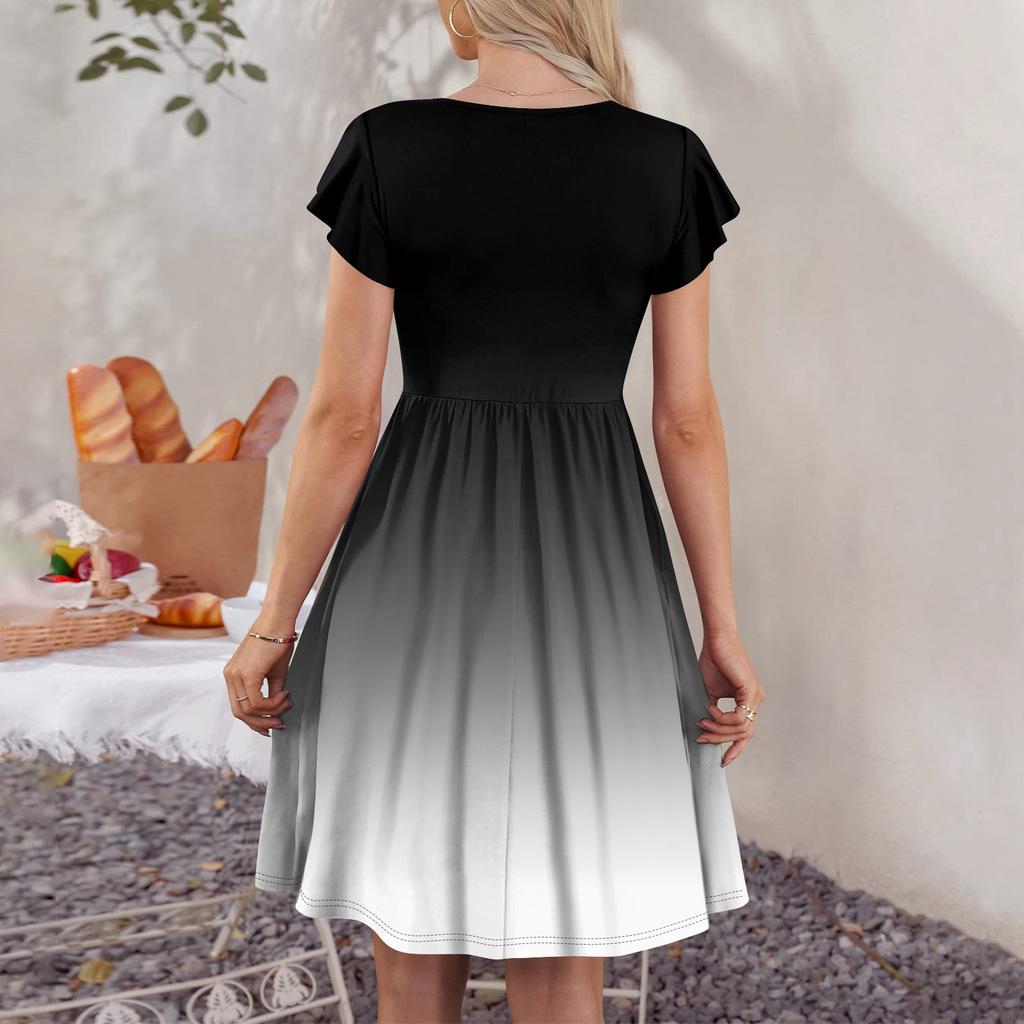 Women's Round Neck Summer Fly Sleeve Casual Printed Loose Button Pocket Midi Dresses