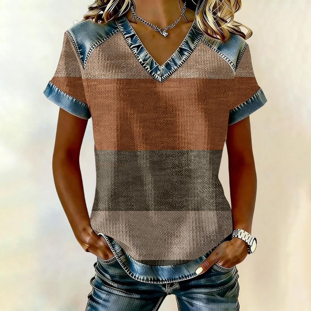 Women's Fashionable Casual Striped Checkered Printed Blouse