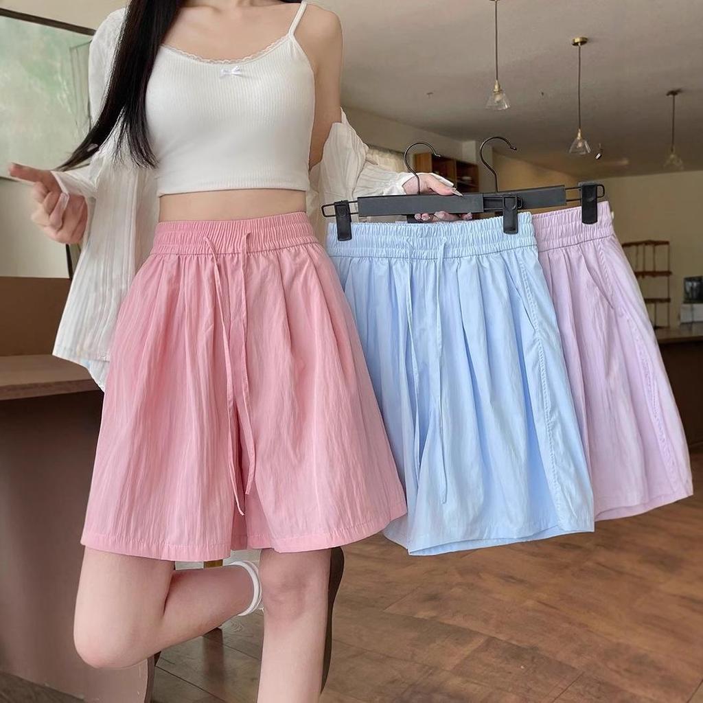 Apricot Ice Silk Women's High-Waist Casual Mid-Length Wide Leg Sports Shorts - Summer 2025