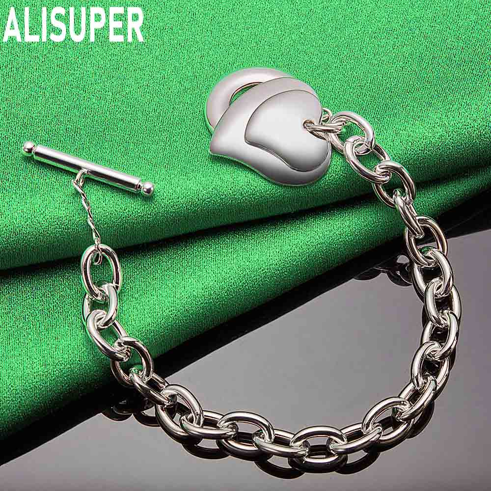925 Sterling Silver Heart-To-Heart Side Chain Charm Romantic Bracelet Gift Jewelry