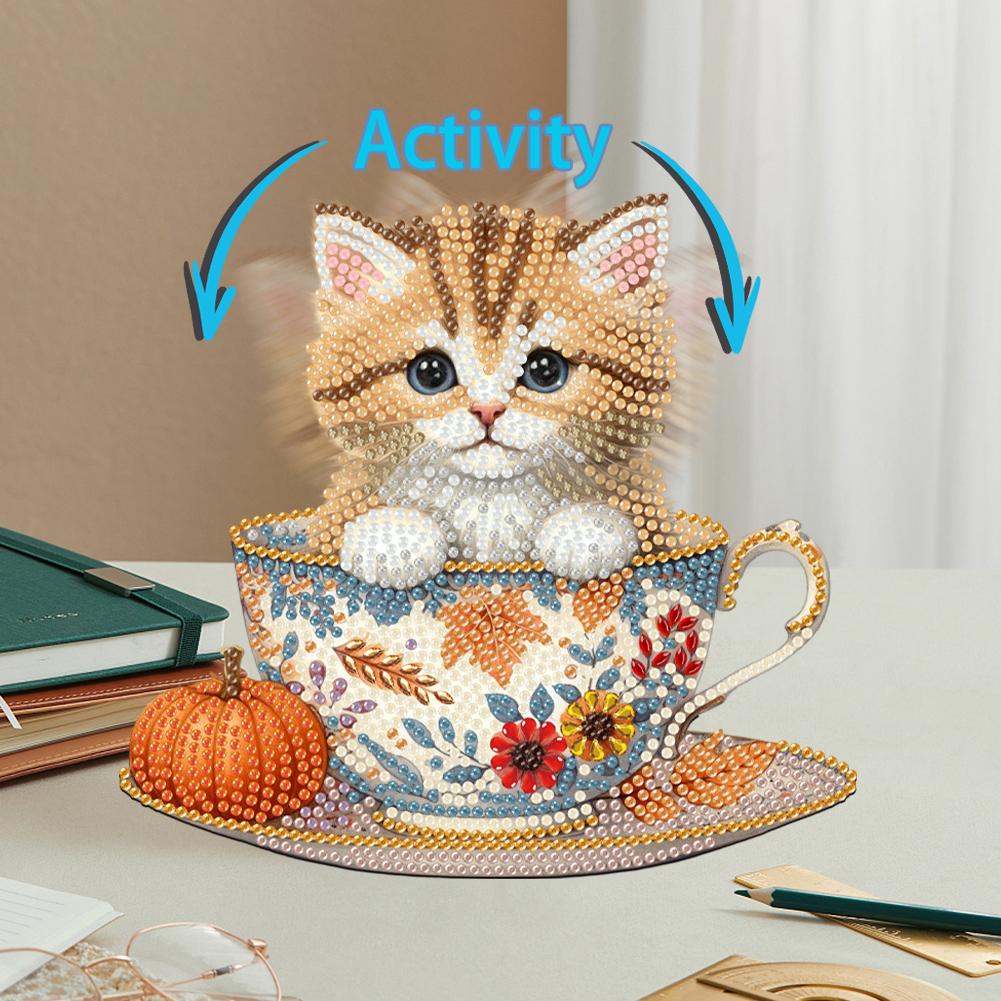 2D Flat Cat DIY Shaking Head Teacup Cat Diamond Painting Desktop Decorations