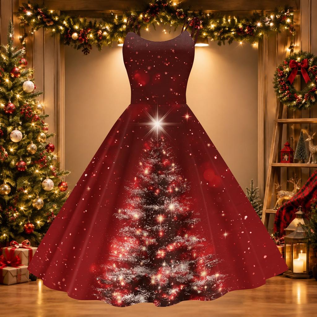Women's Sexy Off-Shoulder Vintage Christmas Print Dress for Holiday Party