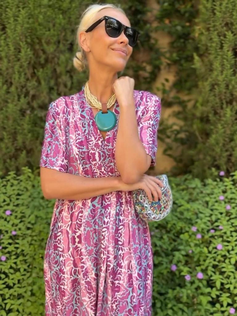 Summer Loose Waist Short Sleeve Mid-Length V-Neck Dress with European & American Ethnic Print