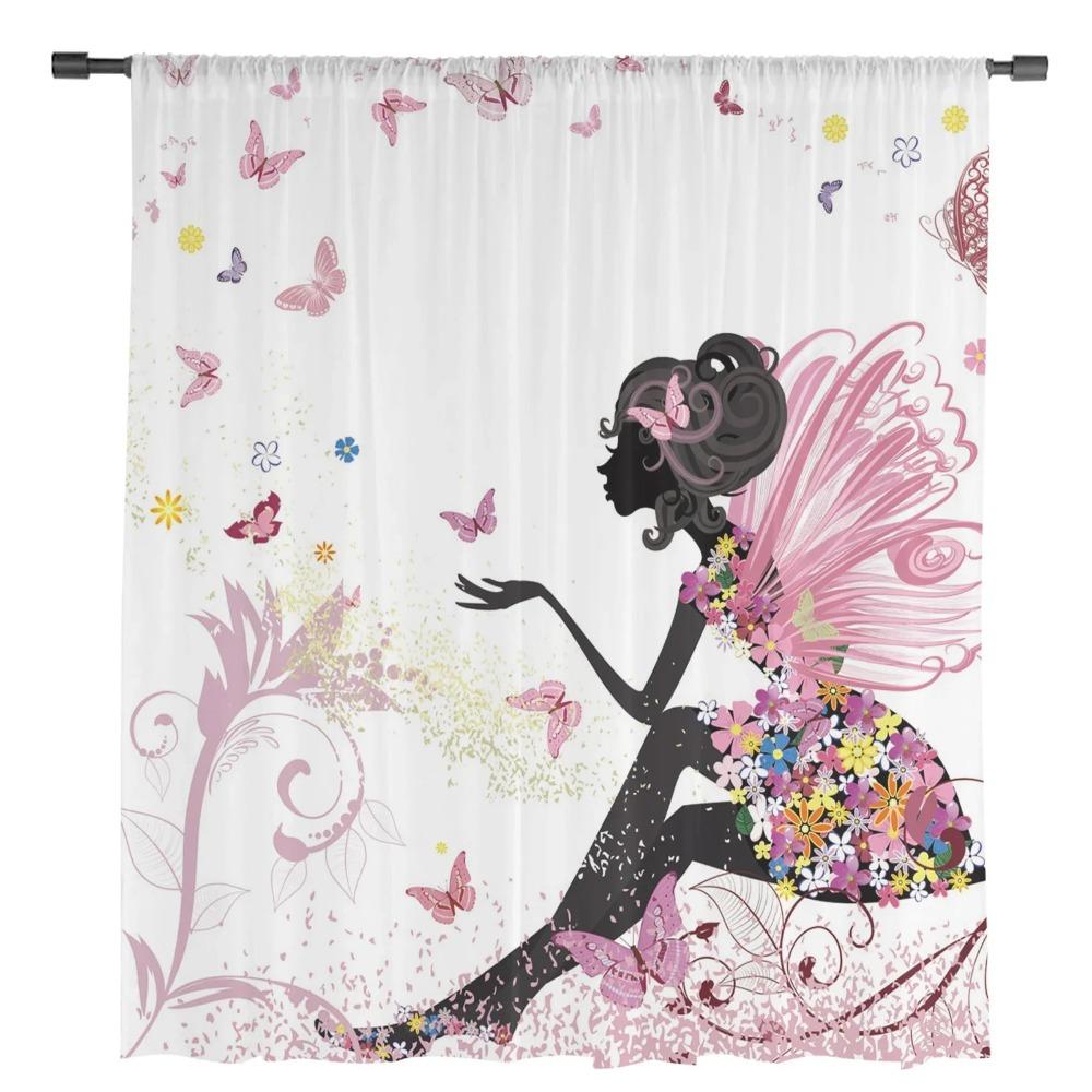 Cartoon Butterfly Flower Fairy Girl Pink White Chiffon Sheer Curtains Living Room Bedroom Decoration Window Voiles Tulle Curtain