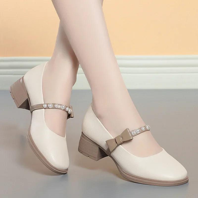 

4cm Breathable Fashion Med Block Heels Shoes Women Mary Janes 2025 Fall Shallow Mouth Pearl Bow Leather Shoes for Office Mom 35