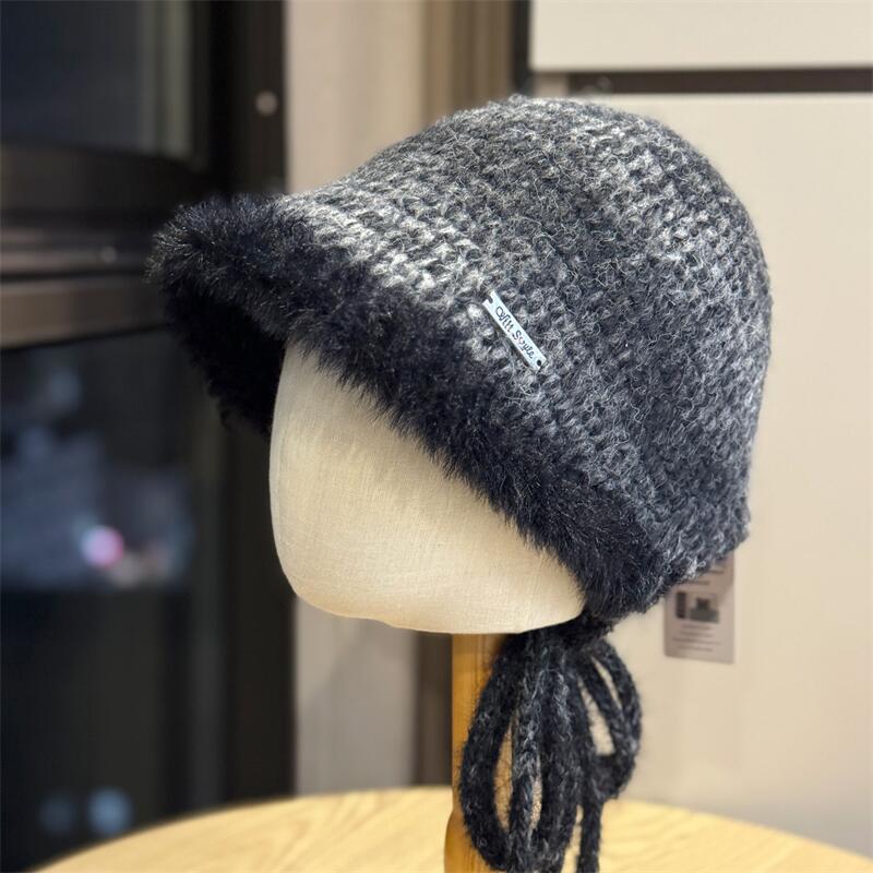 Knitted Strap Bucket Hat Autumn New Hat Women Show Small Face Warm Versatile Wool Hat Windproof Basin Hat Trend